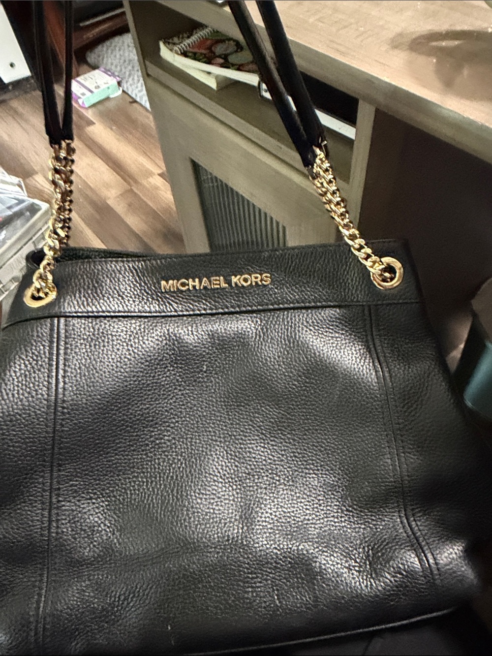Michael Kors Black Leather Shoulder Tote with Gold Chain Accents